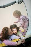 Camping tent vacation with mother and daughters