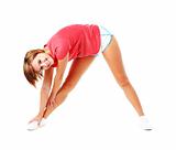 Young Fitness Woman in Red Shirt Stretching, Isolated on White
