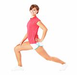 Young Fitness Woman in Red Shirt Stretching, Isolated on White