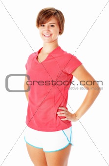 Young Fitness Woman in Red Shirt Isolated on White