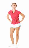Young Fitness Woman in Red Shirt Isolated on White
