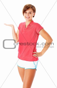 Young Fitness Woman in Red Shirt Presenting, Isolated on White