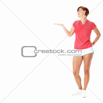 Young Fitness Woman in Red Shirt Presenting, Isolated on White