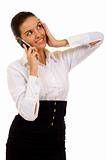 worried attractive businesswoman with mobile phone