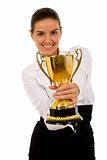 businesswoman winning a gold trophy