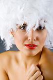 attractive woman wearing a white feather wig