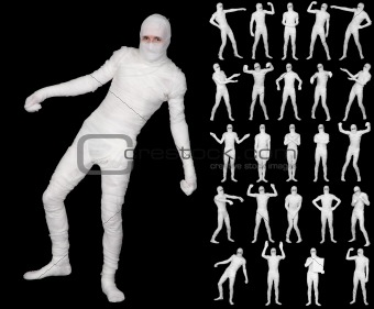 Collection of terrible bandaged mummies isolated on black backgr