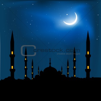 silhouette of a mosque with crescent shape moon