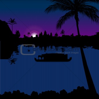 silhouette view of boathouse in backwaters, kerala