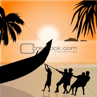 silhouette view of fishermen pulling boat, beachside