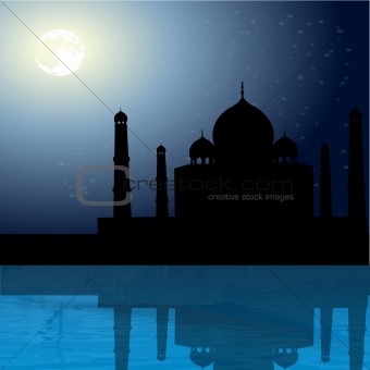 view of Taj Mahal, agra, India, moonlight reflection