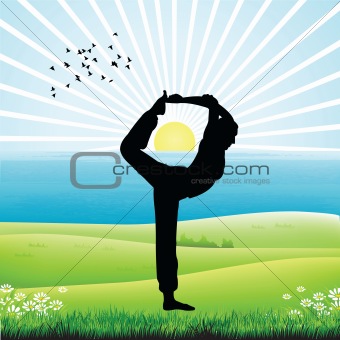 silhouette of human doing yoga, sunrise background