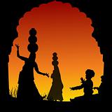 silhouette view of people performing folk dance and music, india