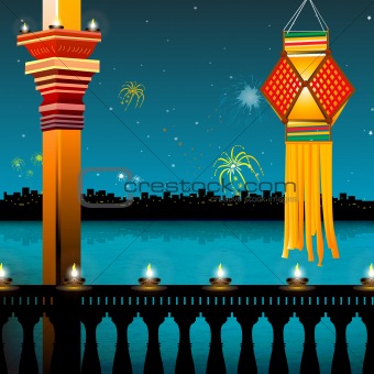 lamp lighting, lanterns, fireworks, balcony,festival - diwali