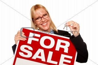 Attractive Blonde Holding Keys & For Sale Sign Isolated on a White Background.