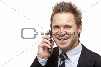 Businessman is smiles happy on the phone 