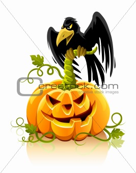 halloween pumpkin vegetable with black raven bird