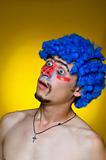 clown in a blue wig, expressing surprise