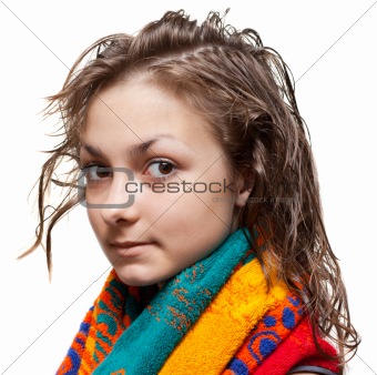 Young girl with wet hair, isolat 