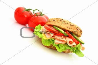 Fresh sandwich with ham and cheese and vegetables