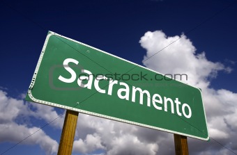 Sacramento Road Sign with dramatic blue sky and clouds - U.S. State Capitals Series.