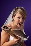 angry young bride with an axe on a dark blue background