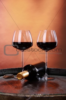 Red wine on a barrel's top