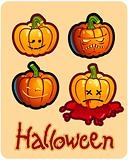 halloween's drawing - four pumpkin heads of Jack-O-Lantern ; one is bleeding