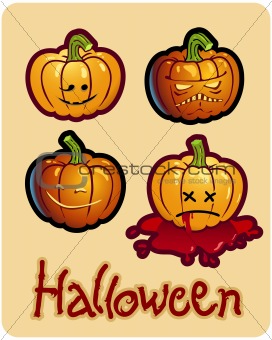 halloween's drawing - four pumpkin heads of Jack-O-Lantern ; one is bleeding