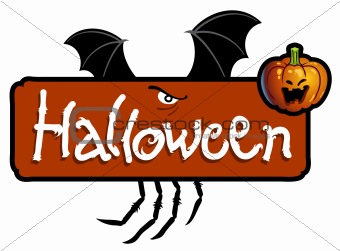 Halloween scary titling with bat wings, spider's legs and a pumpkin head of Jack-O-Lantern