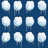 Collection of round glossy winter icons with icicles