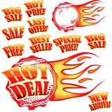 Flaming sale stickers and rubber stamp