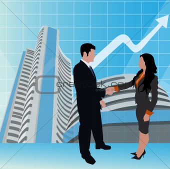 business people shaking hands, stock exchange background