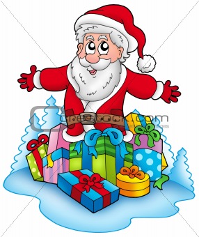 Happy Santa Claus with pile of gifts