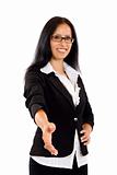 happy young business woman offering a hand shake