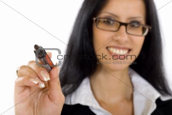 businesswoman or student writing with a black marker