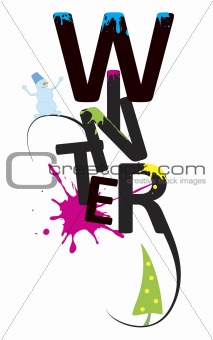 Word winter design with snowman, green tree, colored splatters