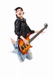 Beautiful rock-n-roll girl jumping with guitar isolated over white background