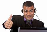Young male call center agent express happiness