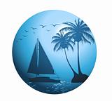 Summer background with palm trees and a yacht