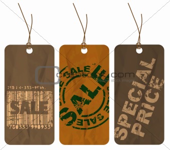 Set of brown crumpled paper tags