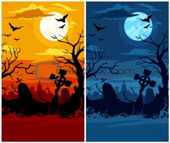 terrible halloween cemetery with moon night and sunset