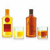 fully editable vector illustration of isolated whiskey bottles and glasses