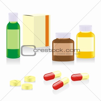 isolated painkillers pills, bottles and boxes