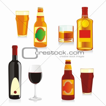 fully editable vector isolated alcohol bottles and glasses