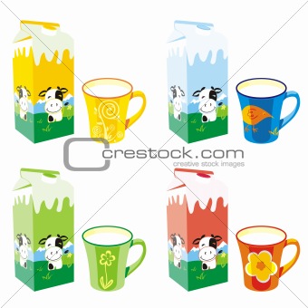 fully editable isolated milk carton boxes and colored mugs