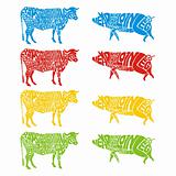 fully editable vector isolated cow and pig