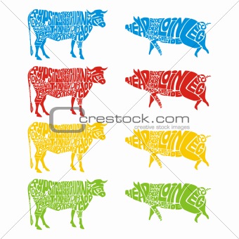 fully editable vector isolated cow and pig