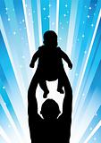 Silhouette of the father of  holding child blue