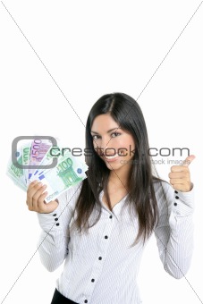 Beautiful success businesswoman holding Euro notes